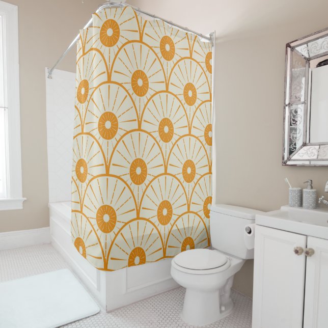 Abstract Art Deco Sun Pattern Orange Shower Curtain (In Situ)