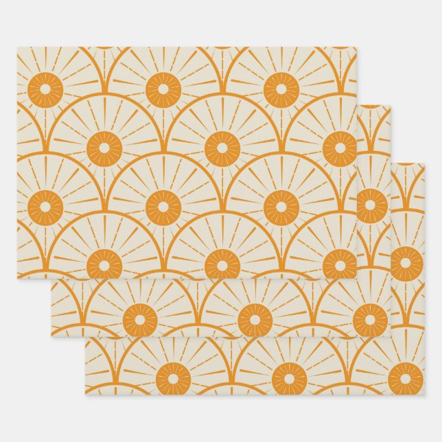 Abstract Art Deco Sun Pattern Orange  Wrapping Paper Sheet (Set)