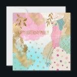 Abstract Art Female Hat Teal Pink Happy Birthday<br><div class="desc">A vibrant abstract painting In shades of teal, pink and gold, with a simplistic drawing of a girl in a hat, with leaves, stars and other embellishments for a colourful way to wish someone a happy birthday. Easily personalise the greeting on the front and back, and if you wish to...</div>