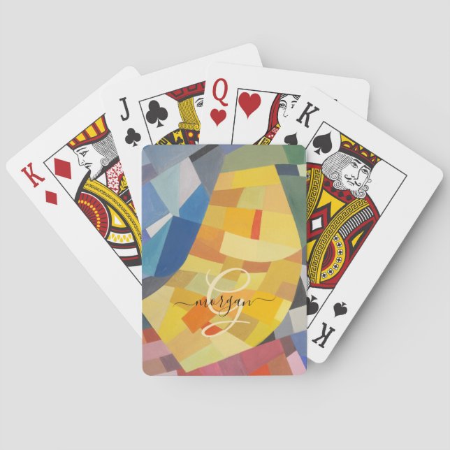 Abstract Art, Gold Monogram, Black Script Name Playing Cards (Back)