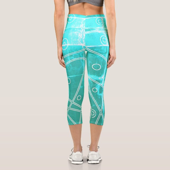 Abstract Art Green Blue Line Circles Minimalism Capri Leggings (Back)