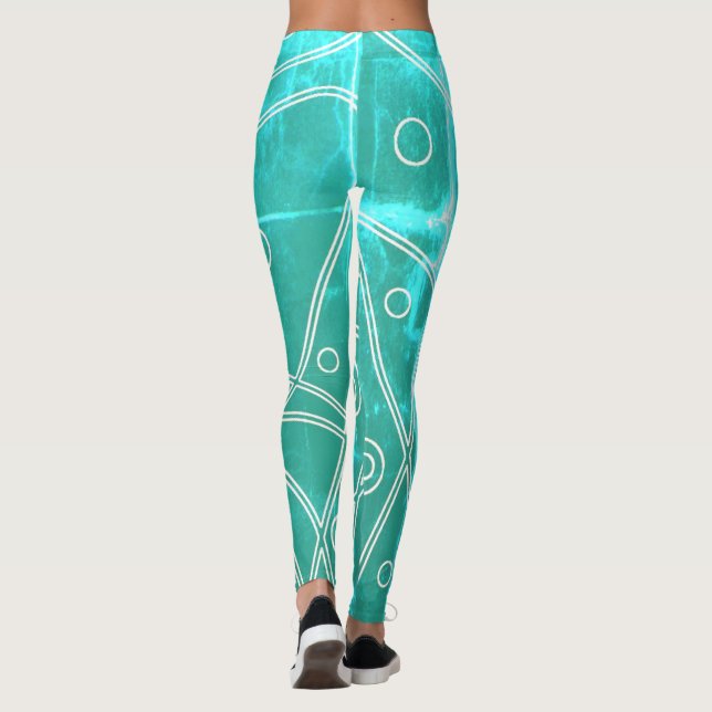 Abstract Art Green Blue Line Circles Minimalism Leggings (Back)