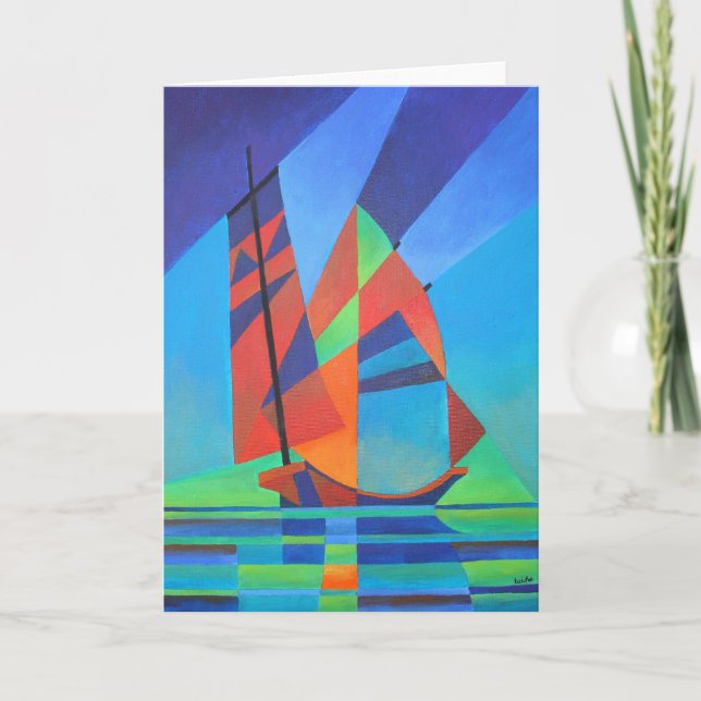 Abstract Art Junk Boat Against Deep Blue Sky Card (Front)