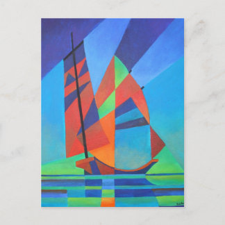 Abstract Art Junk Boat Against Deep Blue Sky Postcard