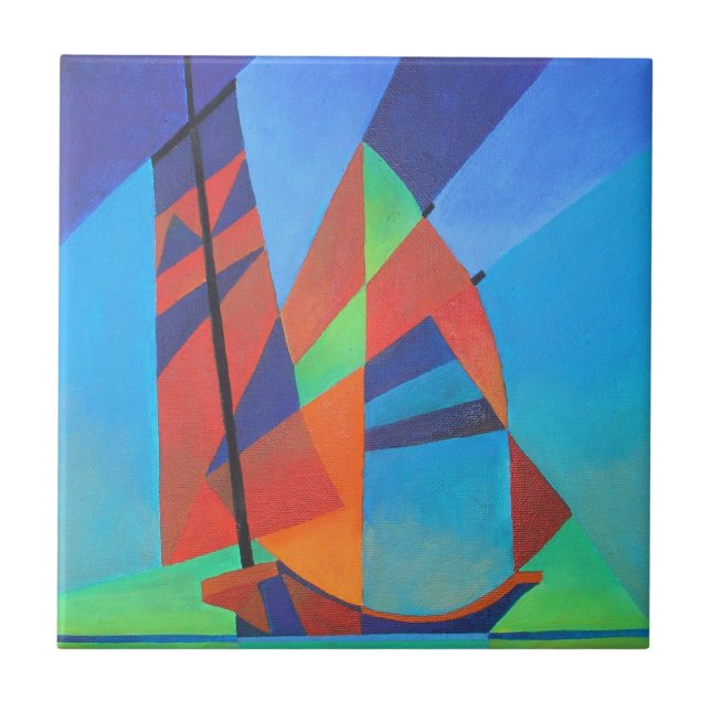 Abstract Art Junk Boat Against Deep Blue Sky Tile (Front)