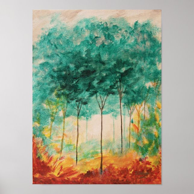 Abstract Art Landscape Trees Painting, Teal, Gold Poster (Front)