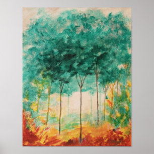 Abstract Art Landscape Trees Painting, Teal, Gold Poster