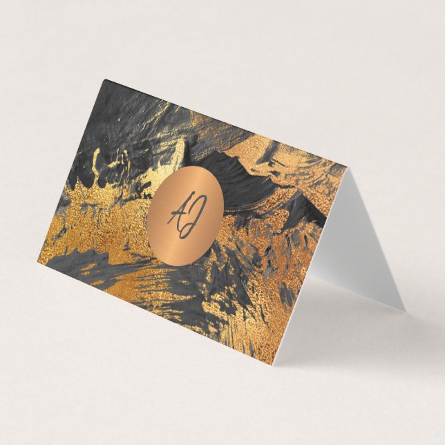 Abstract art modern painting copper black monogram business card (Front)