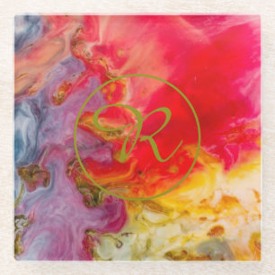 Abstract Art Monogram  Shadows Gold, Red & Yellow Glass Coaster