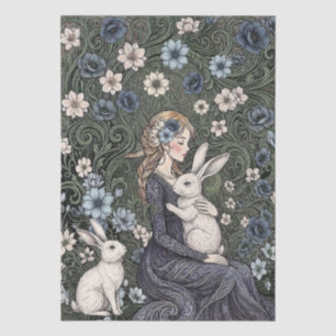 Abstract Art Nouveau Style Girl Florals Rabbits Tissue Paper