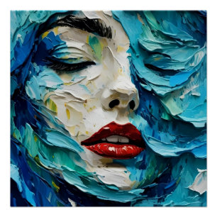 Abstract art painting female face ocean waves poster