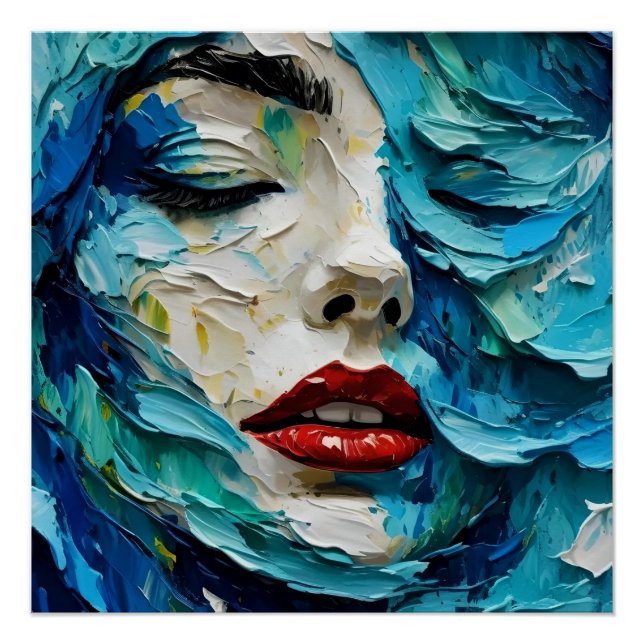Abstract art painting female face ocean waves poster (Front)