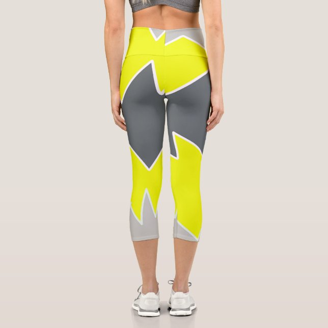 Abstract Art Pale Grey Yellow Charcoal Grey Capri Leggings (Back)