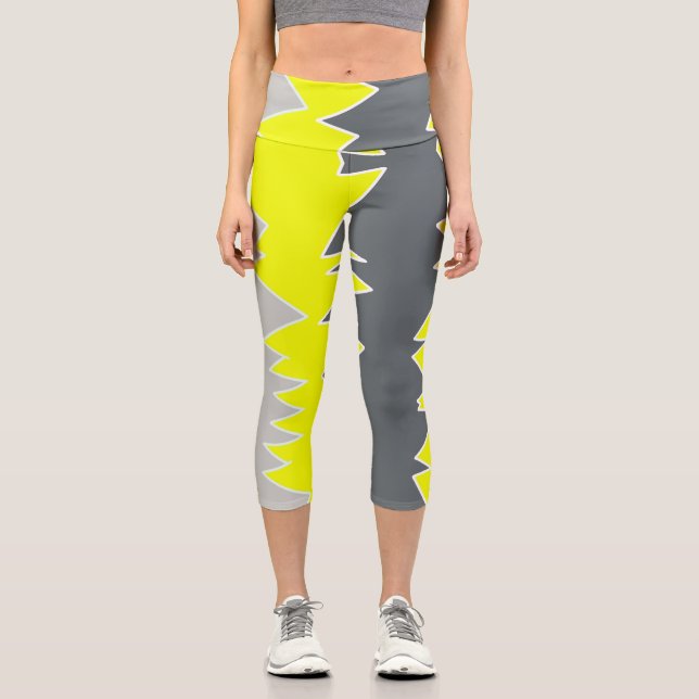 Abstract Art Pale Grey Yellow Charcoal Grey Capri Leggings (Front)