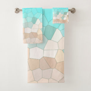 Abstract Art Pale Turquoise Beige Coral Pink Bath Towel Set