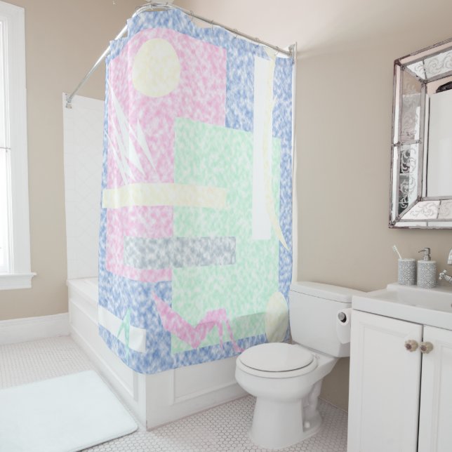 Abstract Art Pastel Theme Turquoise Pink Clouds Shower Curtain (In Situ)