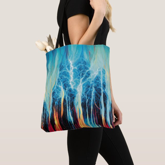 Abstract Art Pattern Red and Blue Electric Energy Tote Bag (Close Up)