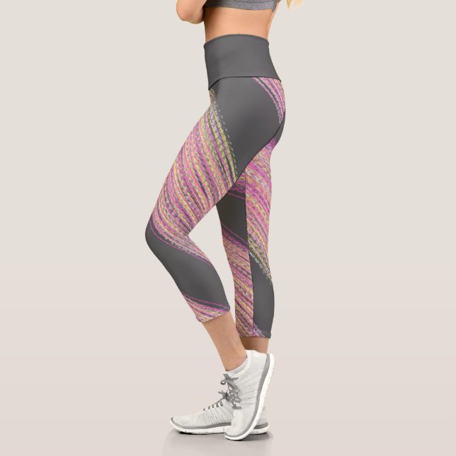 Abstract Art Pink Coral Charcoal Grey  Capri Leggings (Left)