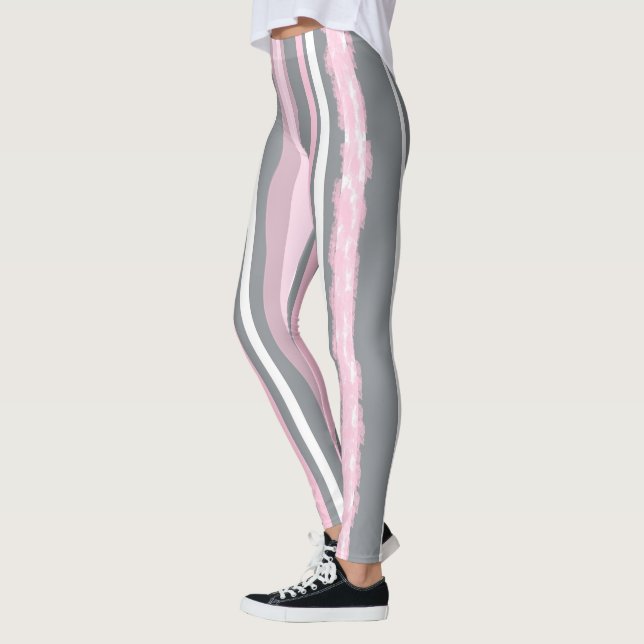 Abstract Art Pink Grey White Lines Leggings (Left)