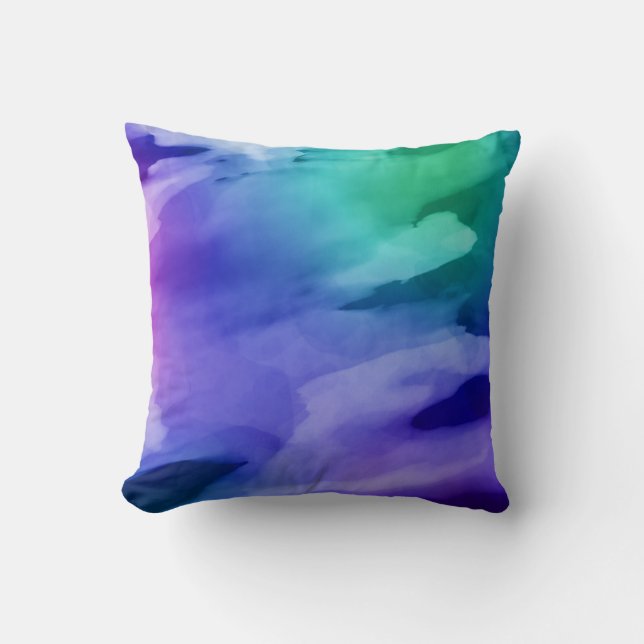 Abstract Art Purple Blue Green Watercolor Wash Cushion (Front)