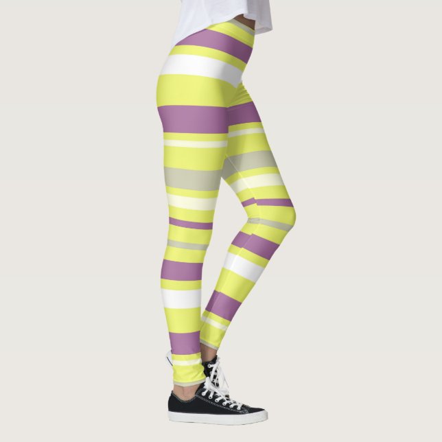 Abstract Art Purple Grey Yellow White Stripes Leggings (Right)