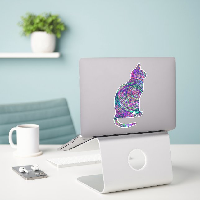 Abstract Art Purple Pink Pattern Cat Art Sticker (Laptop On Desk)