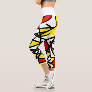 Abstract Art Red Yellow Black White Minimalism Capri Leggings