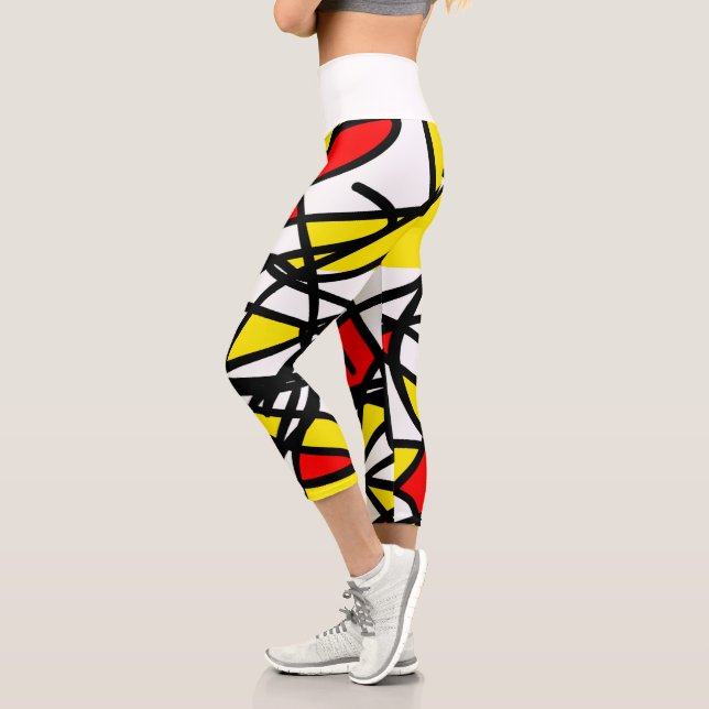 Abstract Art Red Yellow Black White Minimalism Capri Leggings (Left)