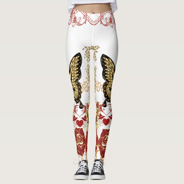 Abstract Art Roses Butterfly Sweeping Hearts Gold Leggings (Front)
