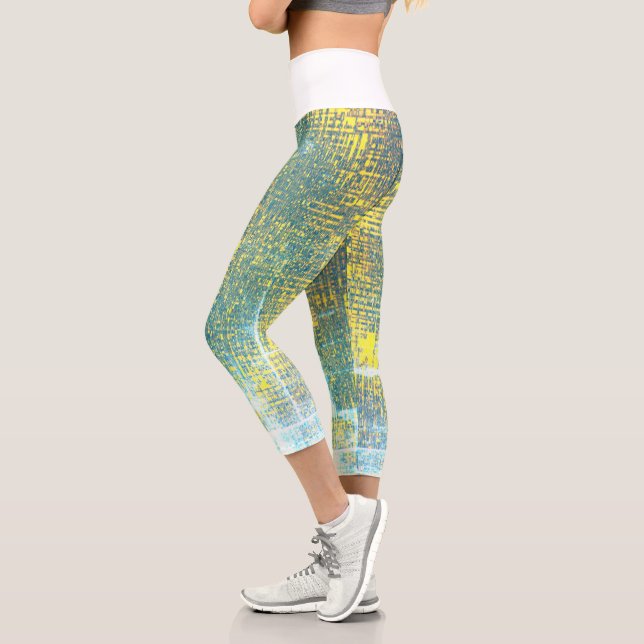 Abstract Art Texture Yellow Pale Turquoise Blue Capri Leggings (Left)