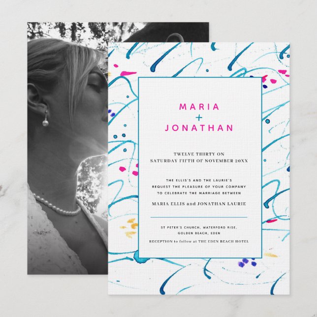 Abstract art tropical waves aqua pink wedding invitation (Front/Back)
