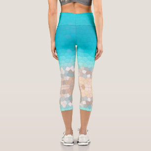 Abstract Art Turquoise Beige Coral Pink Capri Leggings