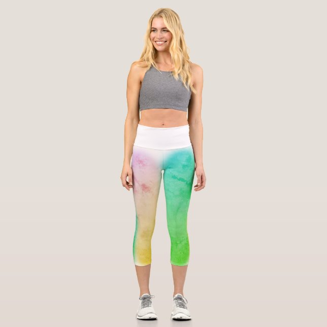 Abstract Art Turquoise Green Blue Capri Leggings (Front)