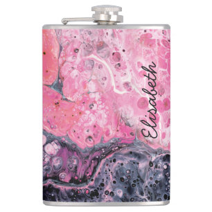 Abstract Art With Acrylic Paint Pour Pink Black Hip Flask