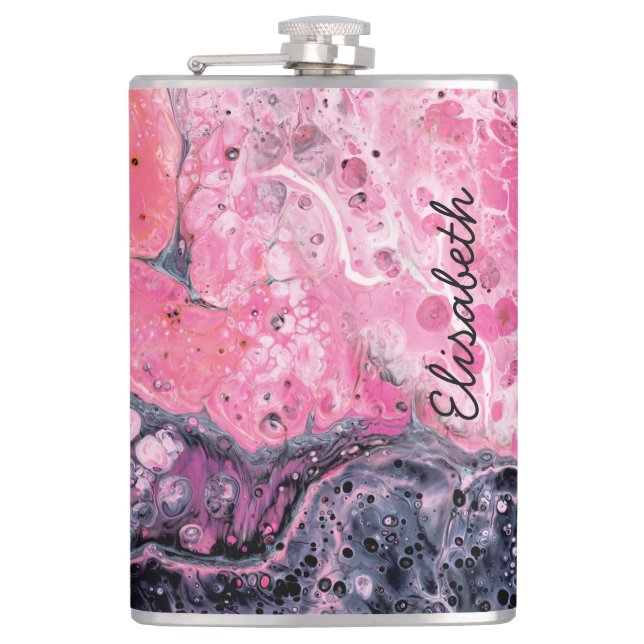 Abstract Art With Acrylic Paint Pour | Pink Black Hip Flask (Front)