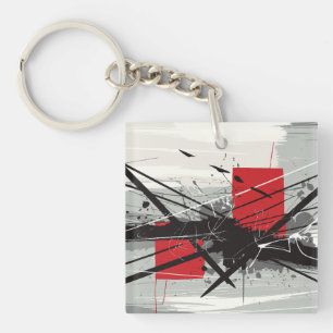 Abstract Art with Red Blocks & Black Strokes Key Ring
