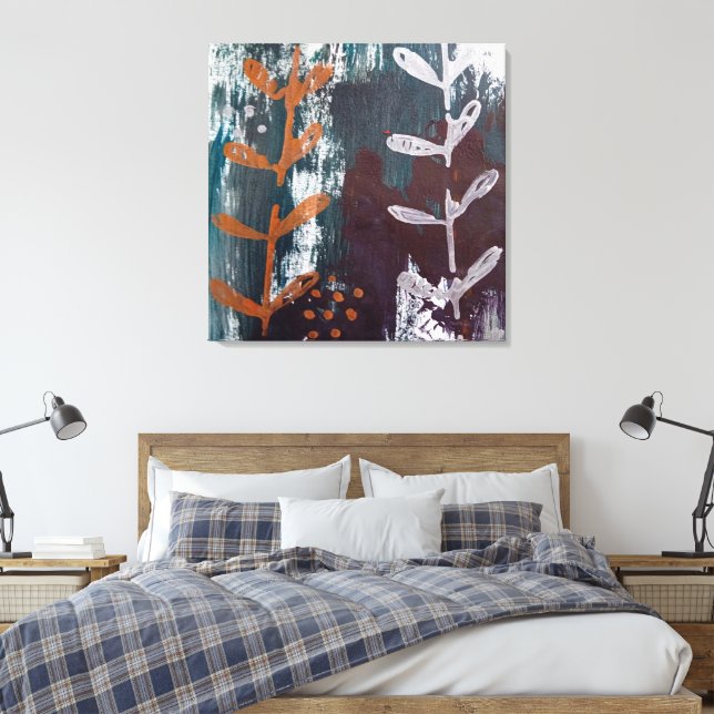 Abstract Art with Silver, Copper Tones over Teal Canvas Print (Insitu(Bedroom))