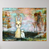 Abstract Art Woodland Rabbit and Owl Painting