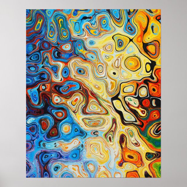 Abstract Art Yellow Orange Blue Black Swirls Poster (Front)