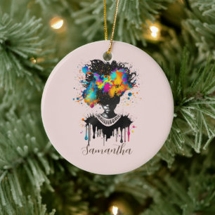 Abstract Artist Afro Woman   Black and White Ceramic Tree Decoration