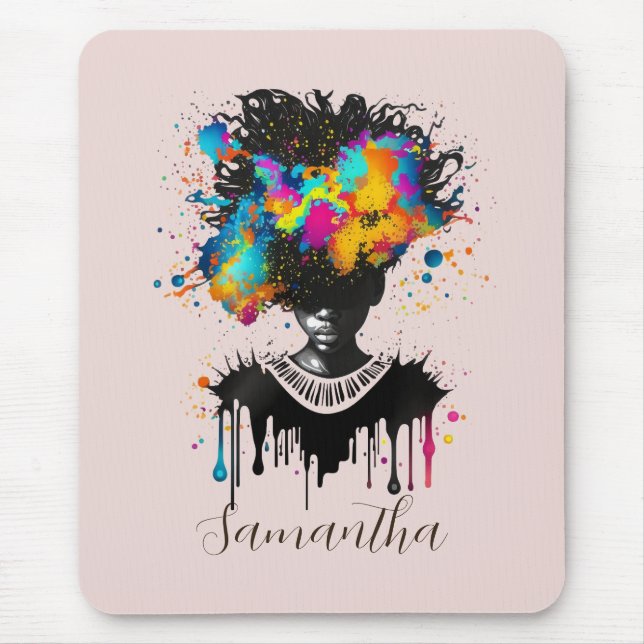 Abstract Artist Afro Woman | Black and White Mouse Mat (Front)