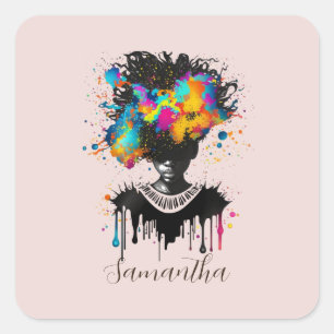 Abstract Artist Afro Woman Black and White Square Sticker