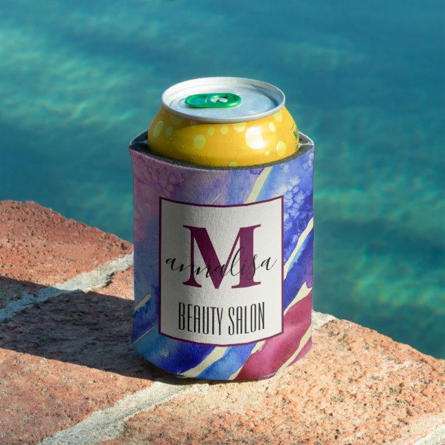Abstract Artistic Blue Pink Beauty Salon Monogram Can Cooler (In Situ Pool)