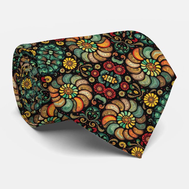 Abstract Artistic Boho Pattern Whimsical Floral Tie (Rolled)