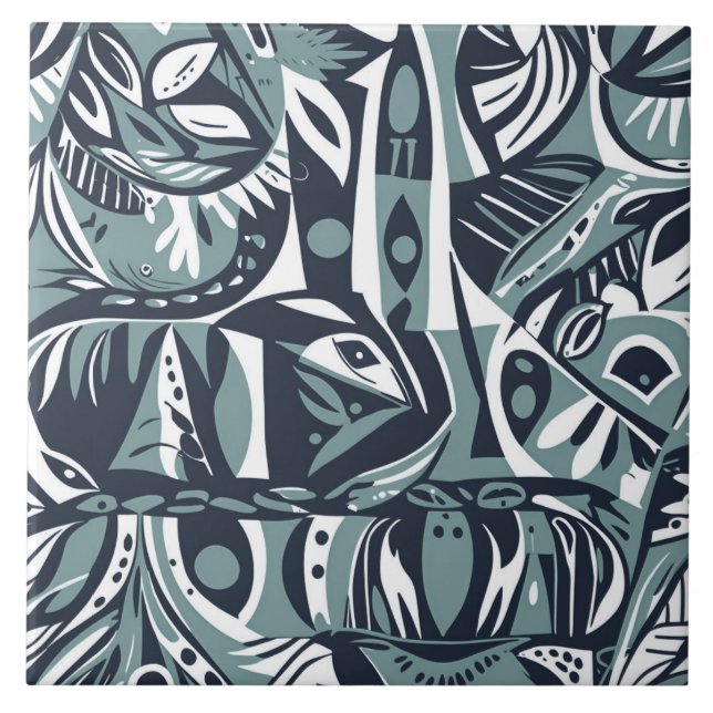 Abstract Artistic Boho Whimsical Geometric Blue Tile (Front)