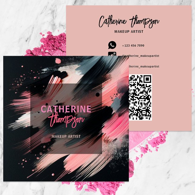 Abstract Artistic Pink Black Paint Brush Strokes Square Business Card (Creator Uploaded)