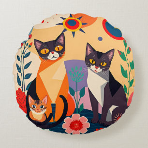 Abstract Artistic Representation of Cats Round Cushion