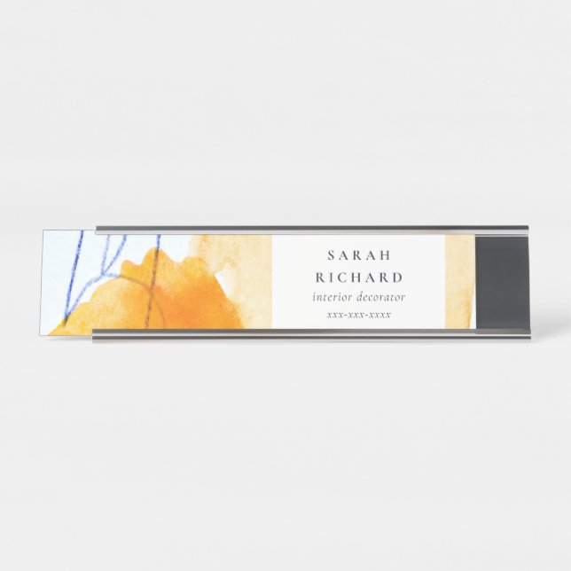 Abstract Artistic Yellow Blue Watercolor Art Desk Name Plate (Front)