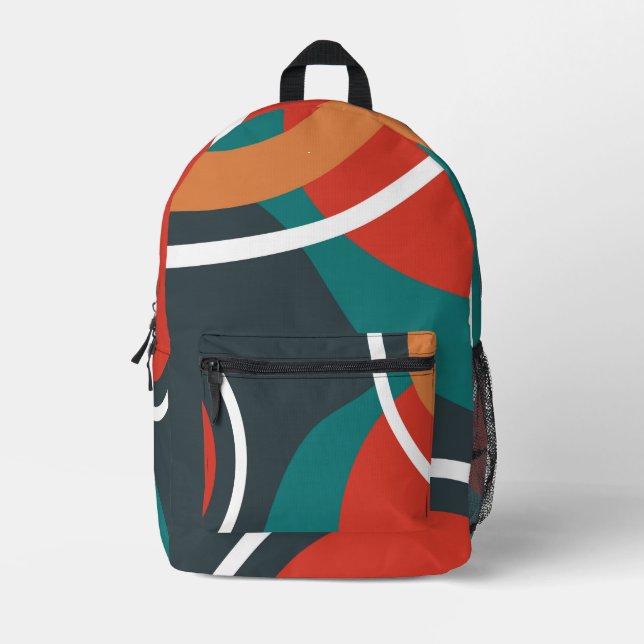 Abstract artwork blue red white line art printed backpack (Front)