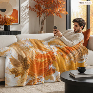 Abstract Autumn Falling Leaves Colourful Orange Fleece Blanket